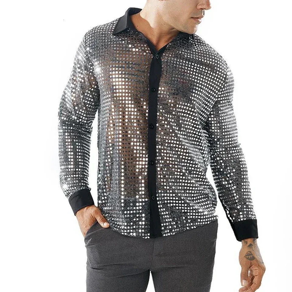 Fashion Mens Sparkly Sequins Party Dance Shirts Retro 70s Disco Nightclub Shirt Tops Single Breasted Performance Clothing 250217