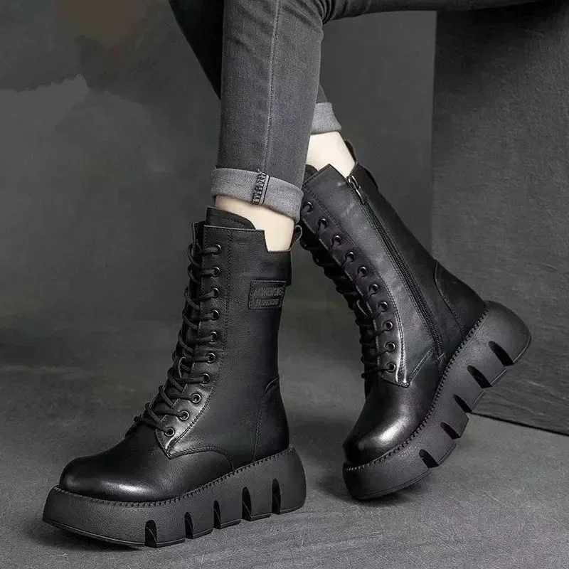 Winter chunky women black brown leather boots 2025 short plush 5cm mid-heel ankle snow boots lace up warm platform girls shoesXJ250217