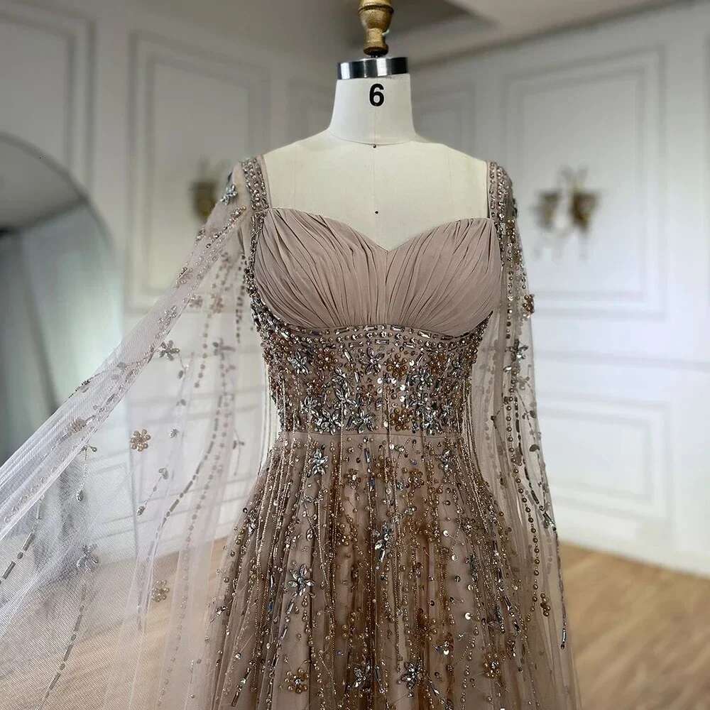 Champagne Arabic Dubai Evening Dress Celebrity Beaded Tassel High Slit Women Evening Party Customize BLA