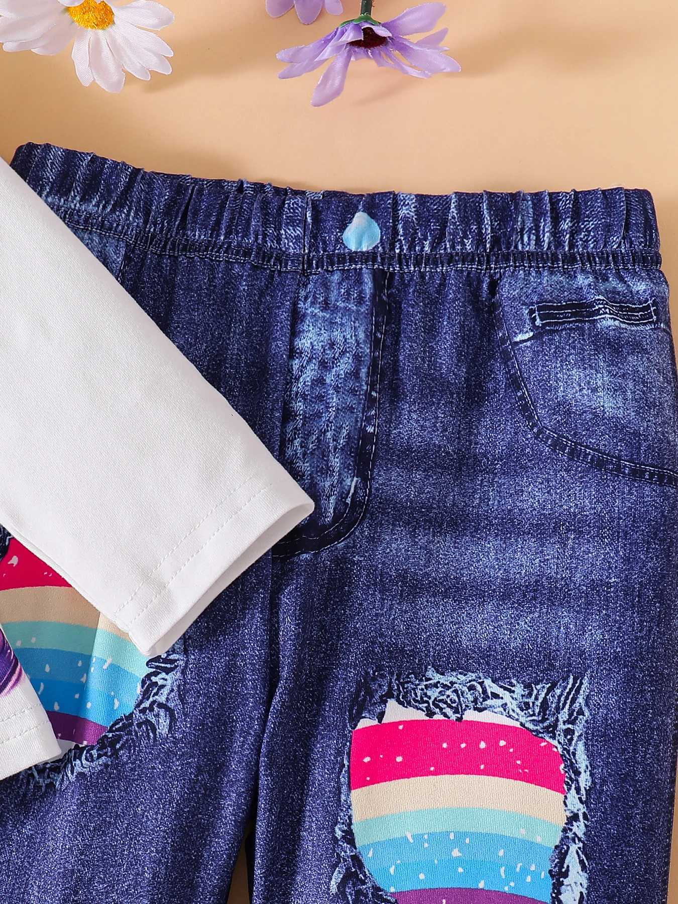 Girls spring and autumn new childrens fashion outdoor casual 2-piece round neck print long sleeve blue slim pants suit W250218