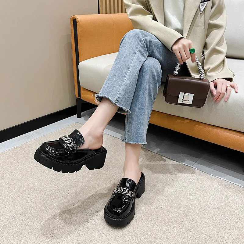 House Slippers Platform Female Shoes Square Heel Slides Fashion Loafers With Cover Toe Women Heels Block High Slides 250213