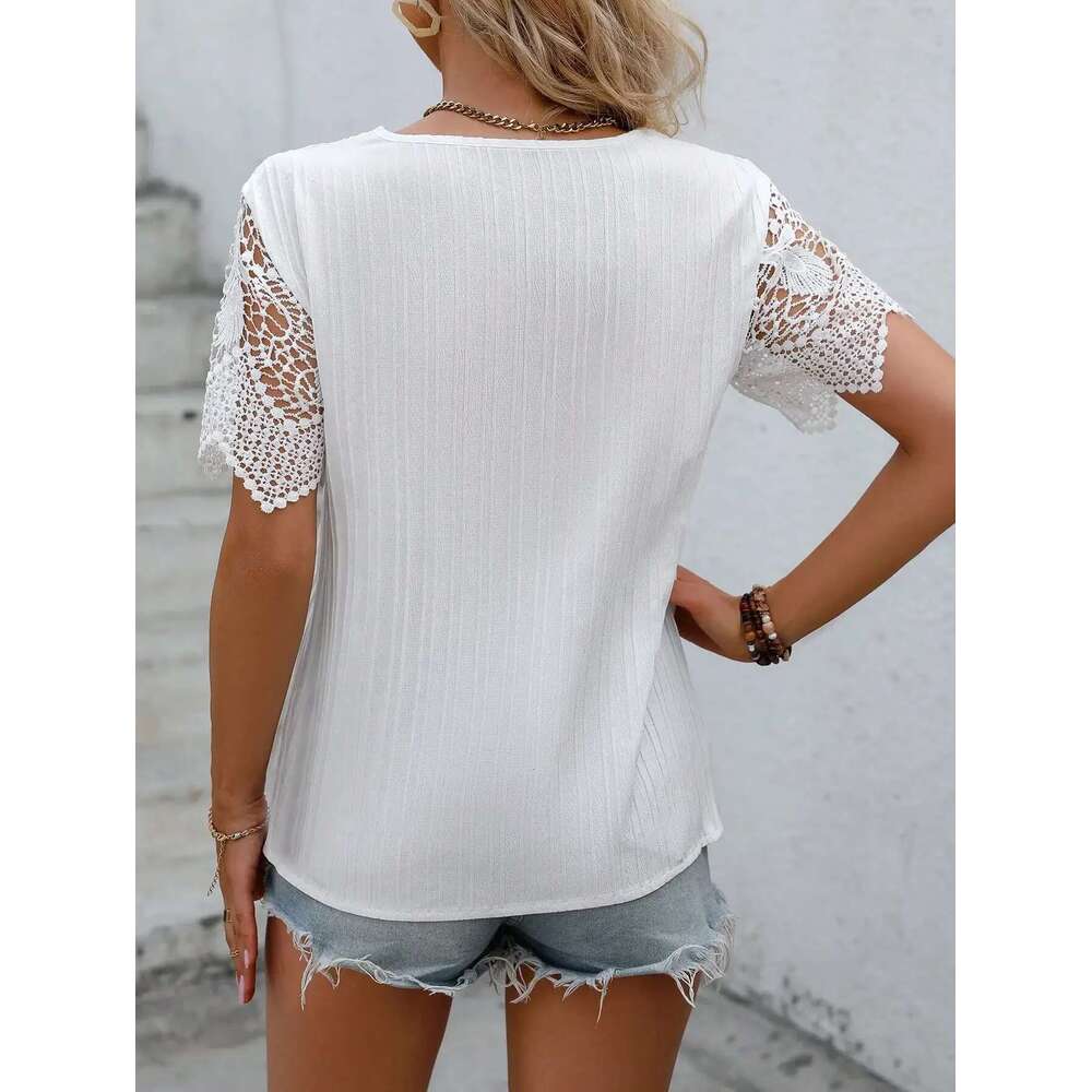 Elegant V-Neck Short-Sleeved Lace Patchwork Casual Women's Shirt