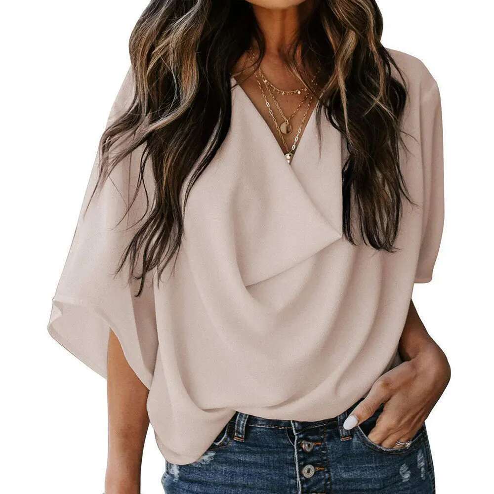 Jocoo Jolee Women Pullover Elegant Blouse Chiffon Flare Sleeve V-Neck Solid Pleated Loose Summer Office Lady Casual Basic Shirt