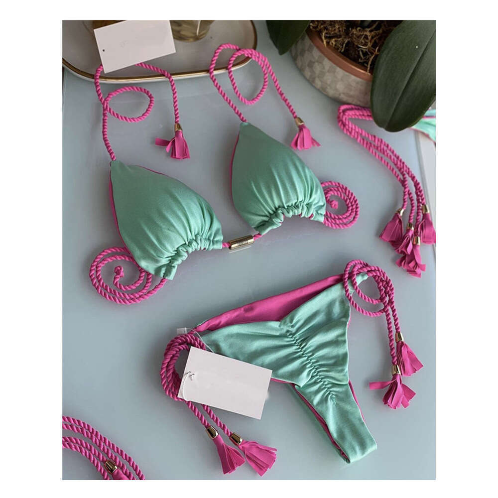 European and American swimsuit triangle bag women's split solid color sexy multi-color braided rope bikini 2025 new style temperament chic elegan