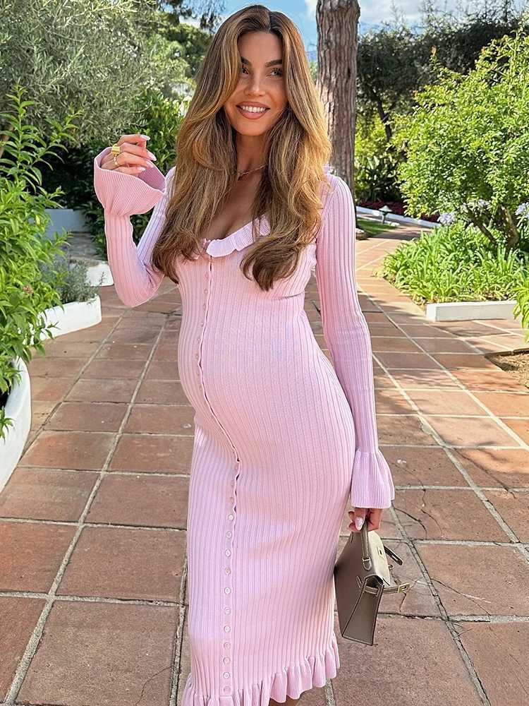 Basic Casual Dresses Fantoye Turn-down Collar Ruffles Women Maxi Dress Flare Slve Single Breasted Dress Female Autumn Elegant Party Clubwear H25217