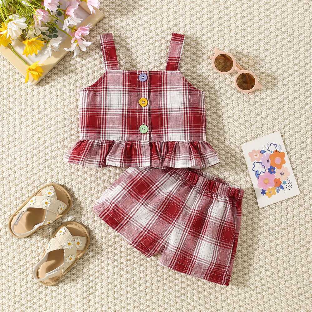 Summer new baby girl cotton clothing set baby girl pink plain weave pleated suspender top+shorts 2-piece set W250218