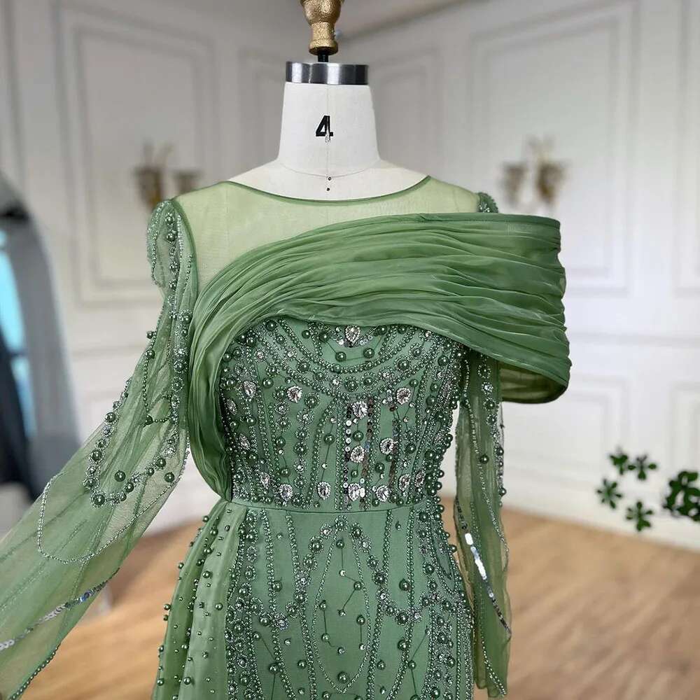 Evening Party Nude Mermaid With Overskirt Evening Dresses Gowns Beaded Pearls Customize BLA