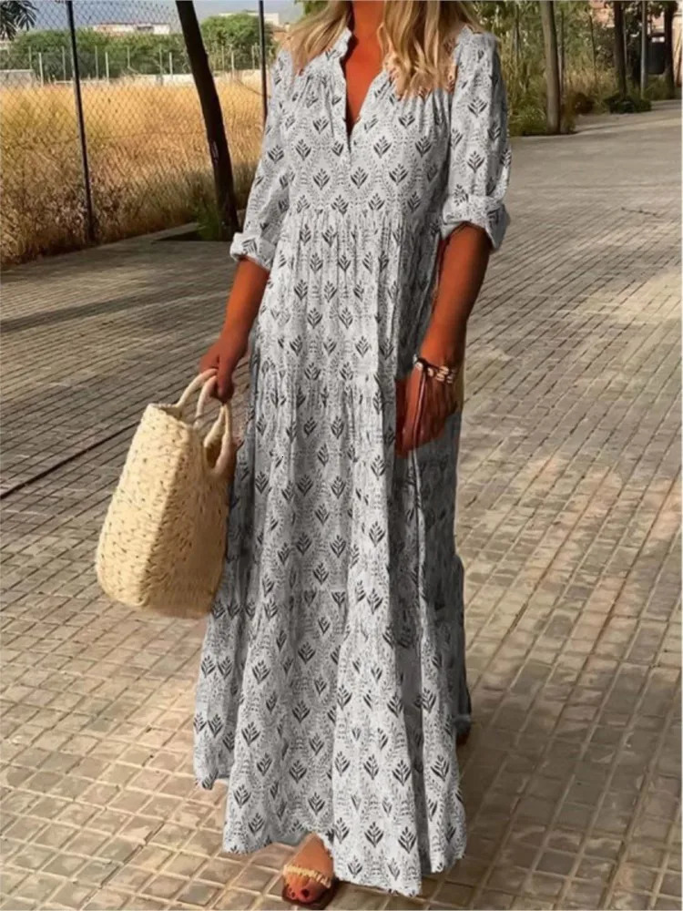 Womens Fashion Bohemian Printed Long Skirt Autumn Long Sleeve V-neck Retro Dress Casual Loose Holiday Comfortable Dress Womens Robe 250213