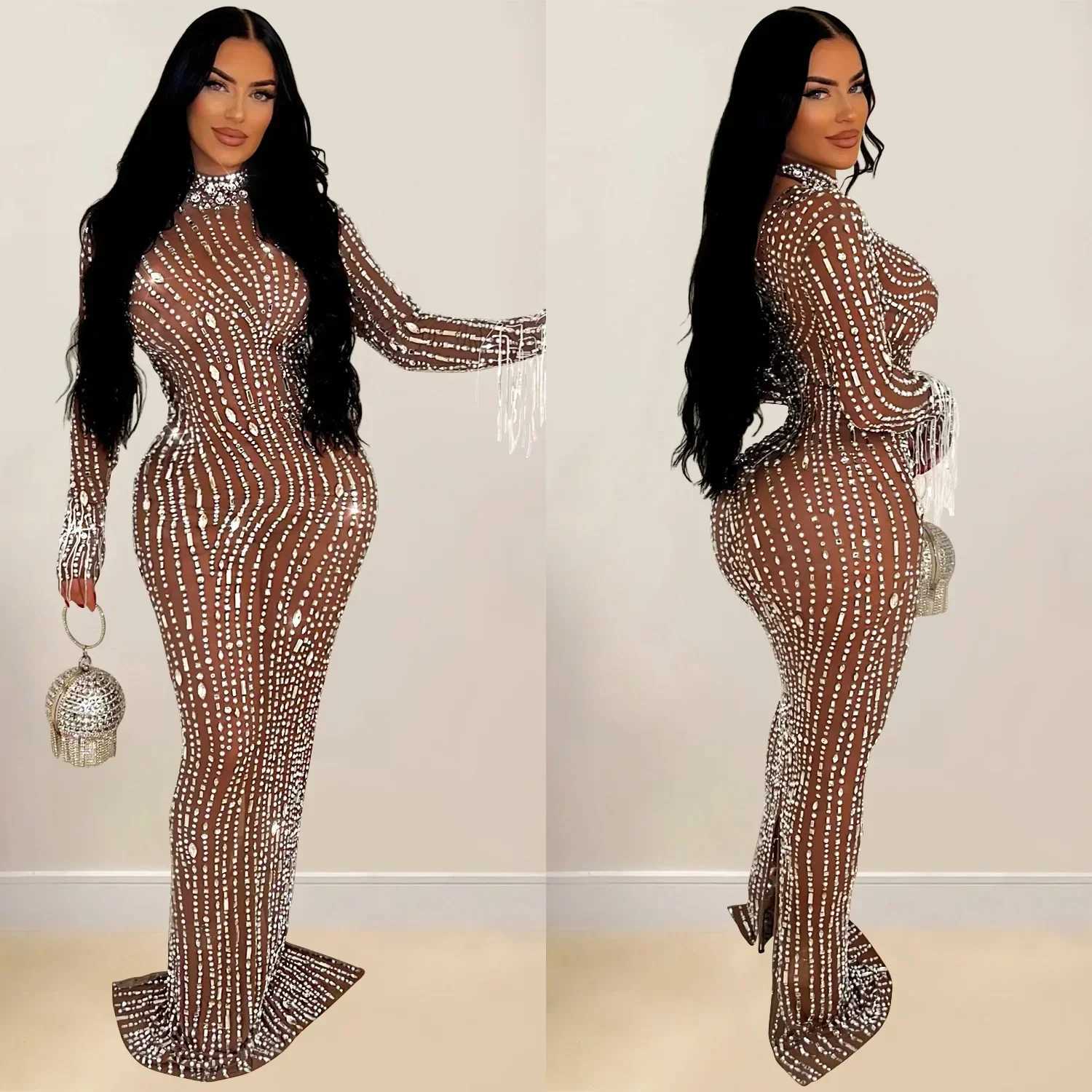 Basic Casual Dresses 2025 Women Long Slve Mesh S Through Diamonds Hot Rhinestones Bodycon Dress Woman Maxi Long Evening Birthday Dresses H25217
