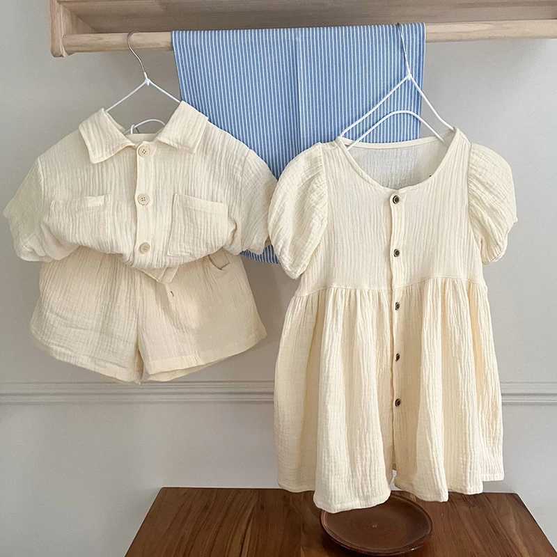 Childrens Summer Clothing Set Boys Short Sleeve Shirt Shorts 2pcs Casual Suit Girls Solid Color Dress Sister Brother Outfit W250218