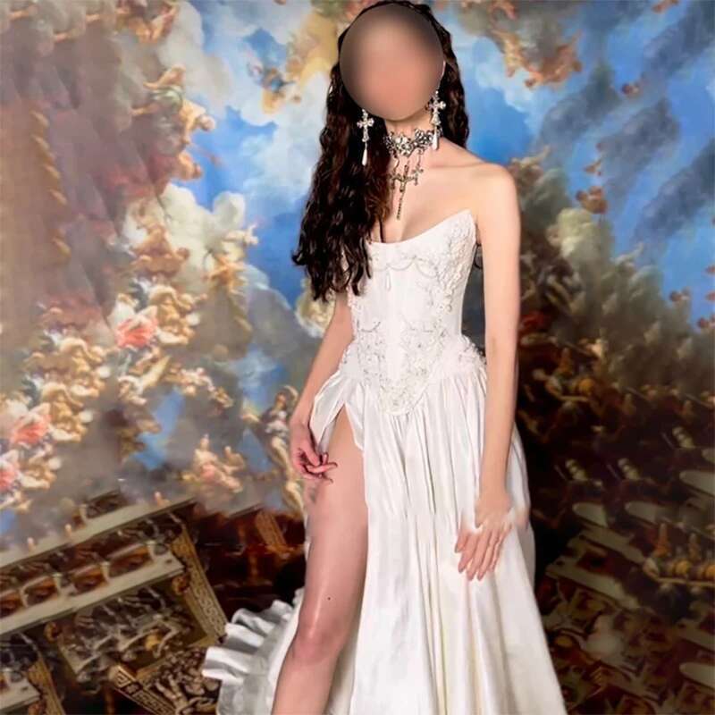 Strapless White Sleeveless wedding Dress A E Or Length Side Slit Stain Custom Made Gowns Ocn Customized ized