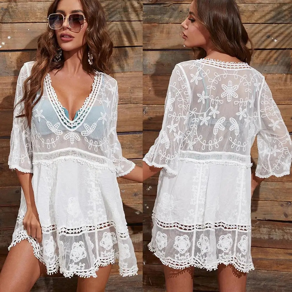 Sexy Womens Mesh Bikini Coverup Deep Vneck Swimsuit Set Summer Beach Short Sleeve Dress Lace Hollow Out Clothes 250212