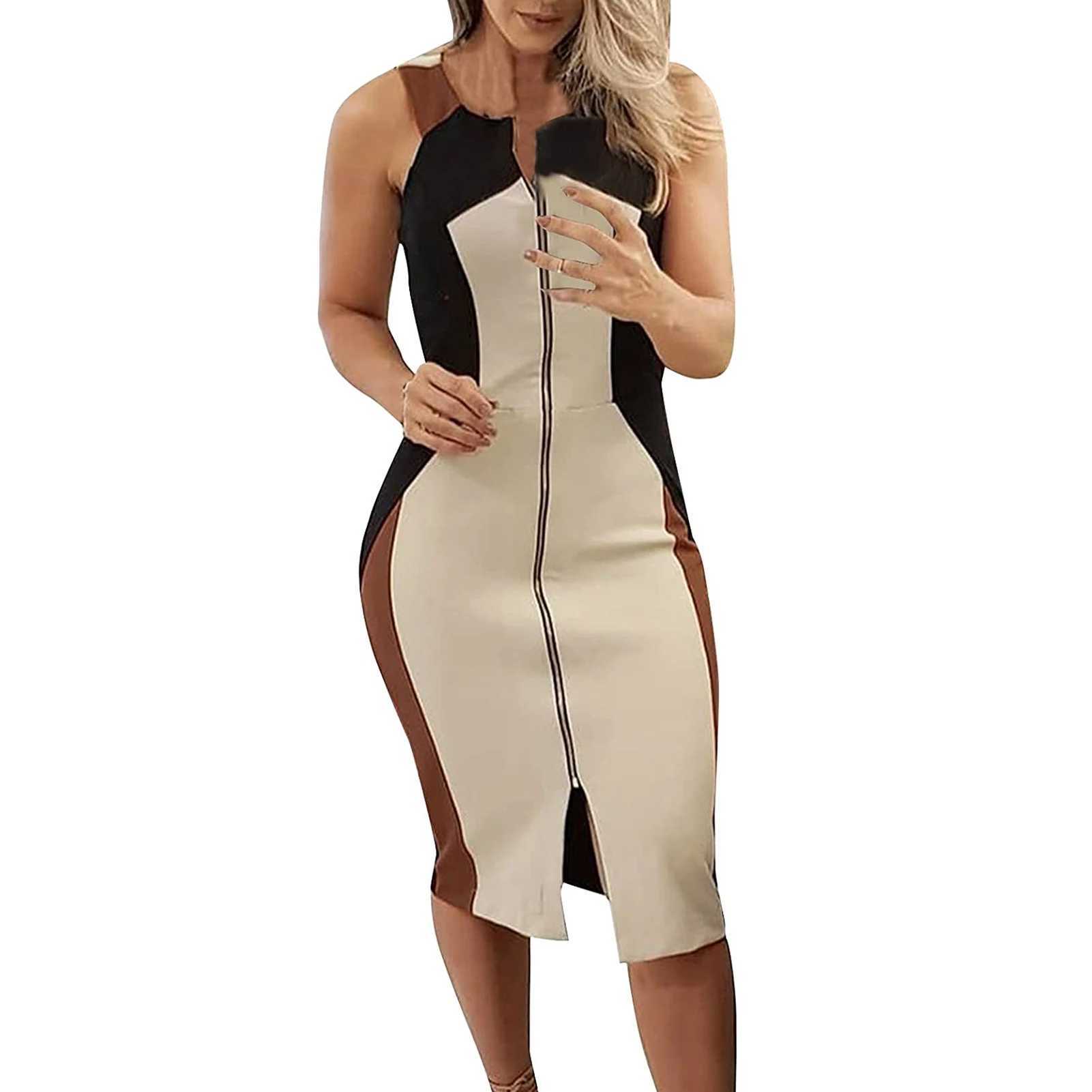 Basic Casual Dresses Women Elegant Slveless Dress Patchwork Irregular Neckline Business Dress for Party Wedding Wear H25217