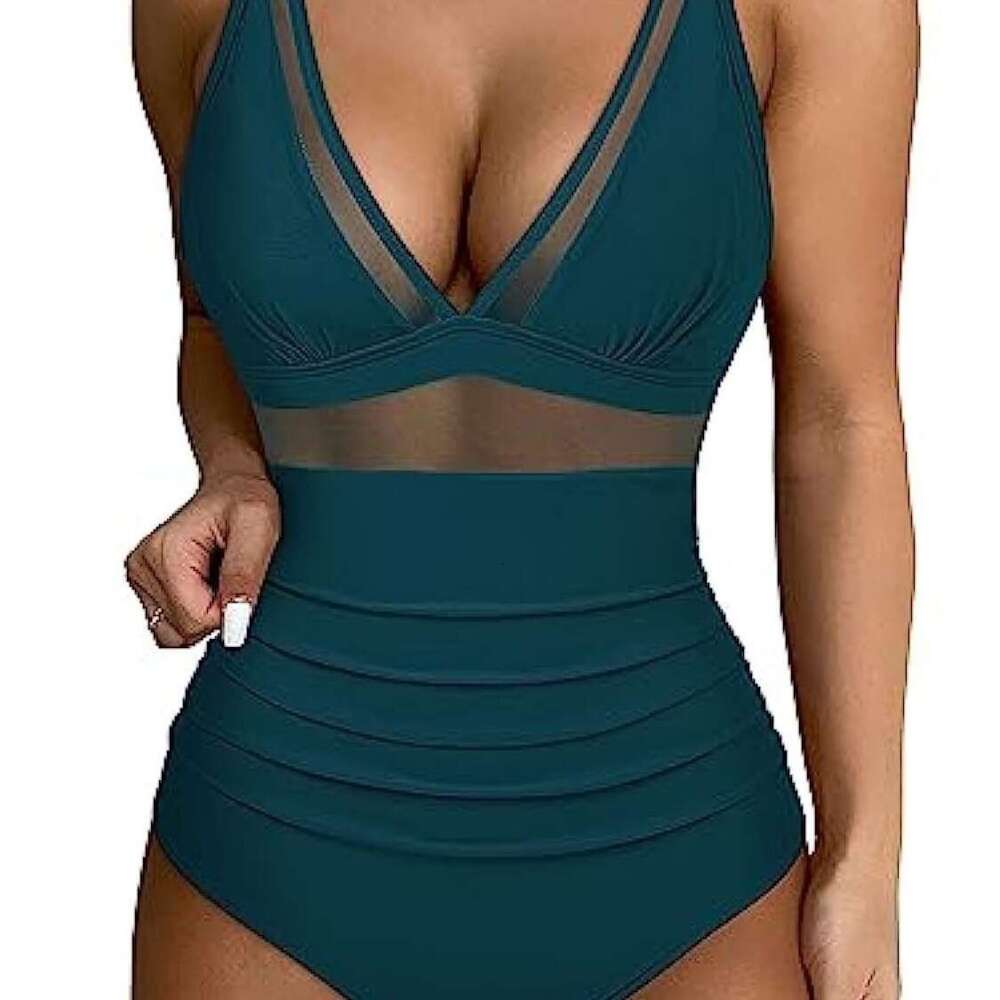 European and American popular one-piece swimsuit, y hollow mesh deep v gathering perspective bikini 2025 new casual versatile fashion clothing