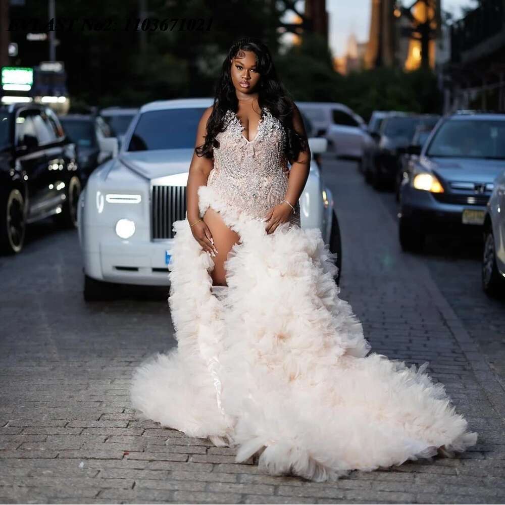 Customized EVLAST Pink Mermaid Prom Dress For Black Girls High Slit Ruffles Crystal Beading Party Evening Gown Soir E E P