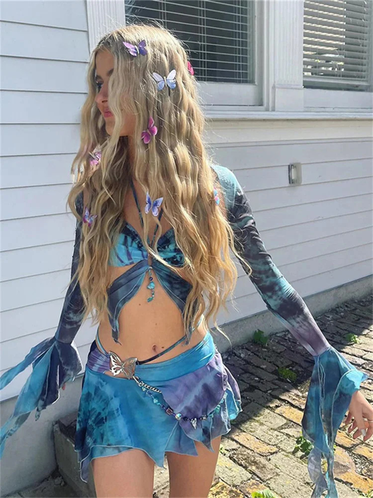 Weird Puss Hollow 3 Piece Set Women Sexy Tie Dye Print Irregular Butterfly CamisoleCrop TopsSkirts Streetwear Matching Outfits 250217