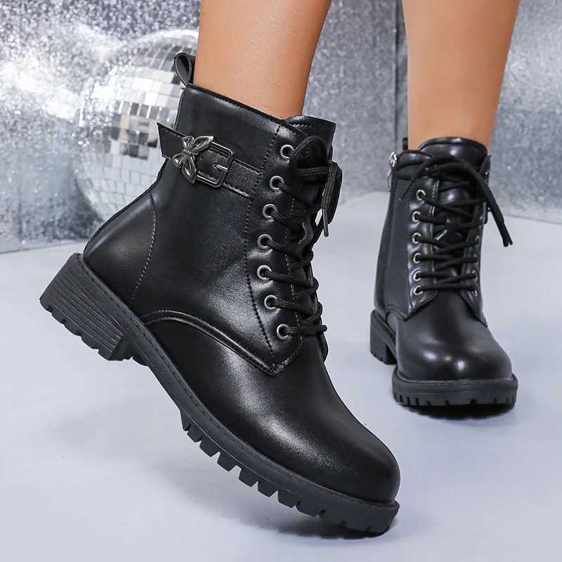 Punk Butterfly Buckle Ankle Boots Women Black Pu Leather Lace Up Motorcycle Boots Woman N Slip Platform Combat Botas Mujer 42XJ250217