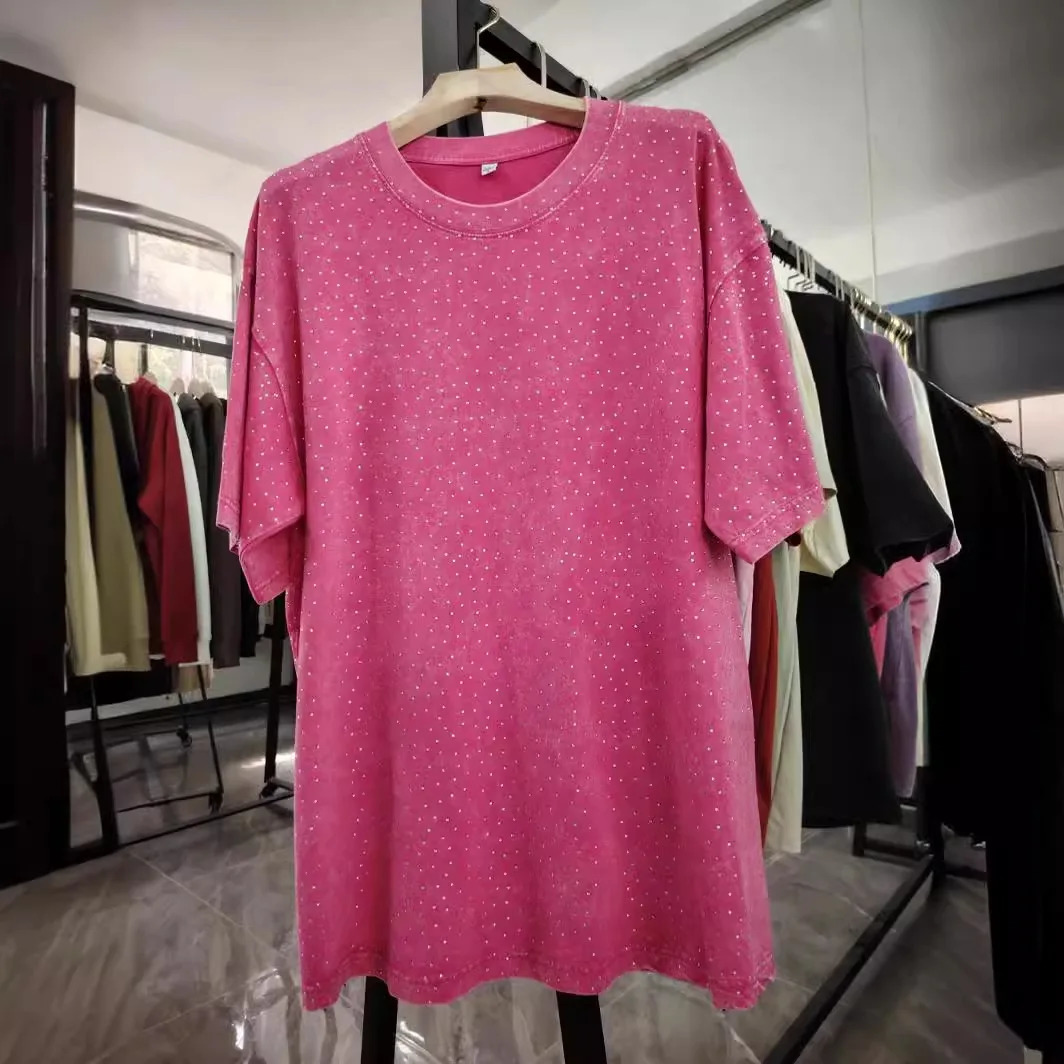 American Retro Pure Cotton Vintage T-shirt with Diamond Earth Color Street Style Diamond Flash Retro T-shirt for Men and Women 250217