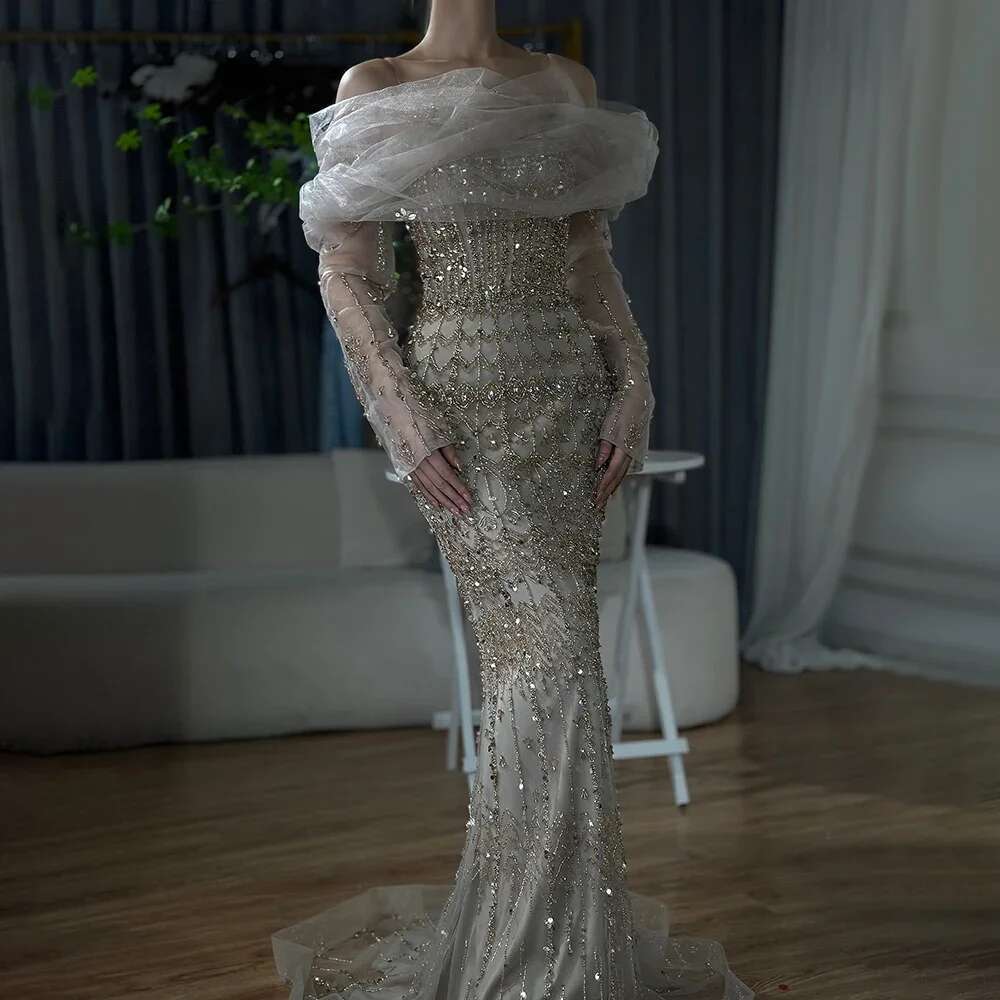 White Arabic Mermaid Elegant Short Sleeves Beaded Long Evening Dresses Gowns Formal Ocn Customize BLA