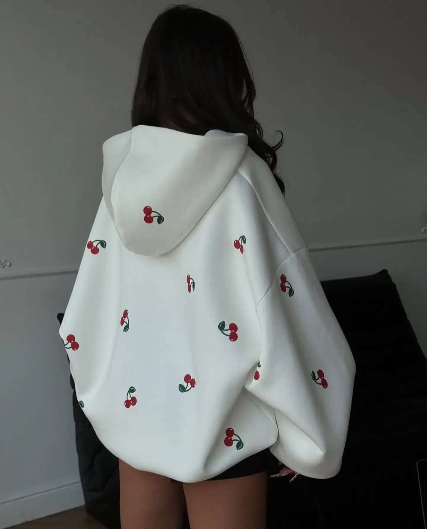 Fresh Style Fashionable Cherry Pattern White Zipper Hoodie Y2k Haruku Versatile Women's Autumn New Sweatshirt