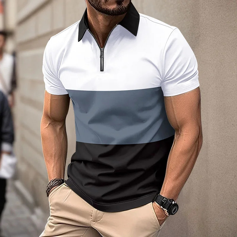 Summer Mens short sleeved Polo shirt 3D striped digital printed polo mens business casual zipper lapel shirt Button top 250217