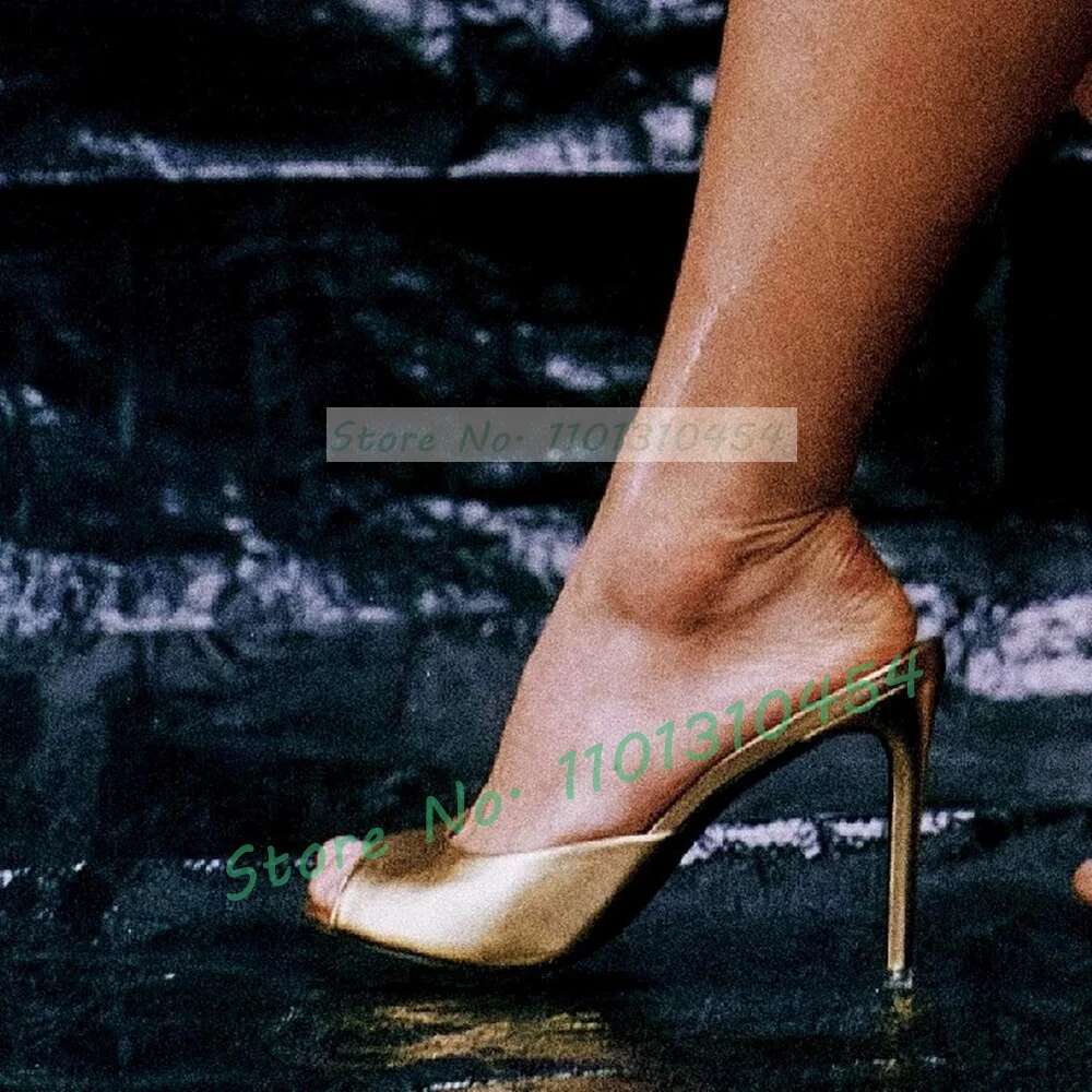 Gold Metallic Peep Toe Mules Women Trendy Smooth Leather Stiletto High Heels Slippers Ladies Elegant Party Sier Dress Shoes