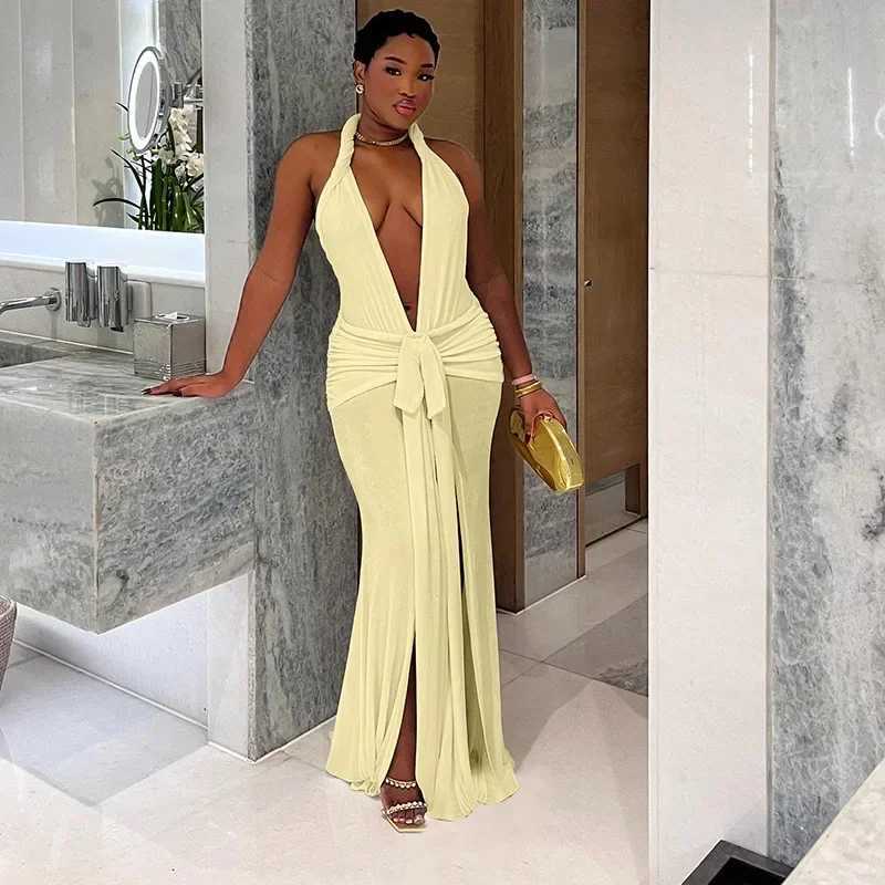 Basic Casual Dresses 2025 Spring Lace Up Ribbon Halter Backless Ruched Bodycon Maxi Evening Party Dress Sexy Dp V-neck Slveless Split Long Robe H25217