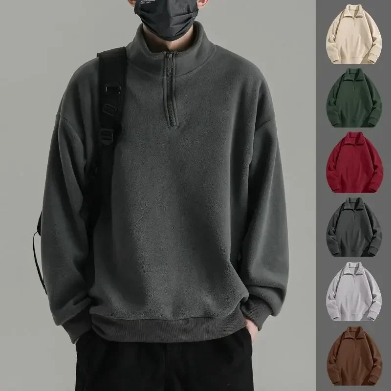 Men Sweatshirt Double Sided Polar Fleece Warm Half Zipper Turtleneck Thermal Sweatshirts Casual Running Korean Hoodie Clothing 250214