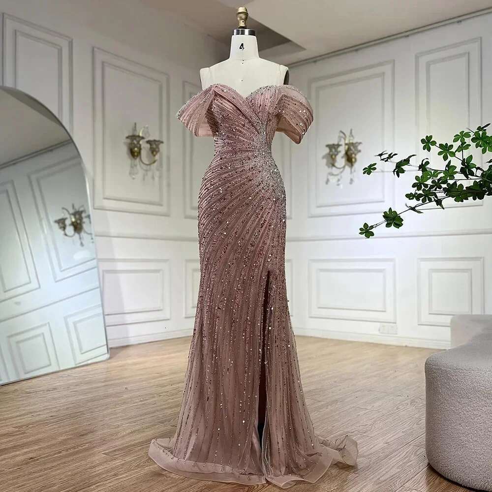Shoulder Off Pink Mermaid Beaded Evening Dress With Side Split Formal Ocn Saudi Customize BLA
