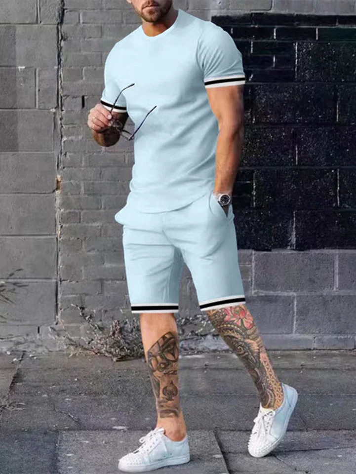 Mens 2 Pieces Outfits Stripe Cuff Custom Fit Short sleeve And Plain Drawstring Waistband Stripe Hem Shorts Set 250217