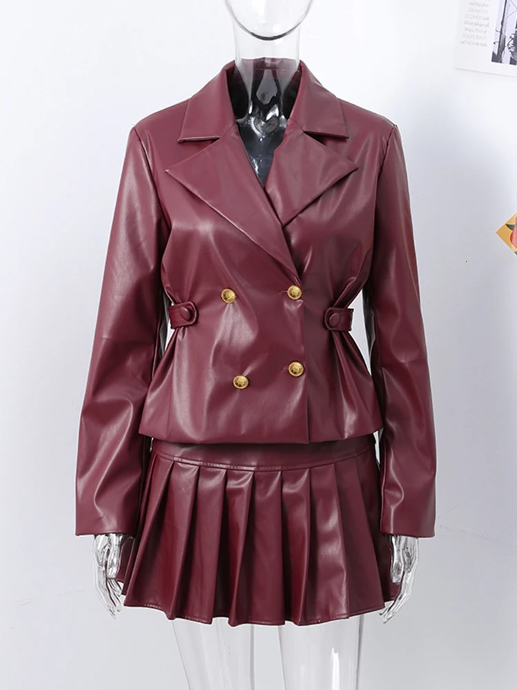 Vintage Wine Red Leather Skirt Set For Women Lapel Long Sleeve Jacket Y2K Pleated Mini Skirts 2 Pieces Suits Lady Street Outfits 250214