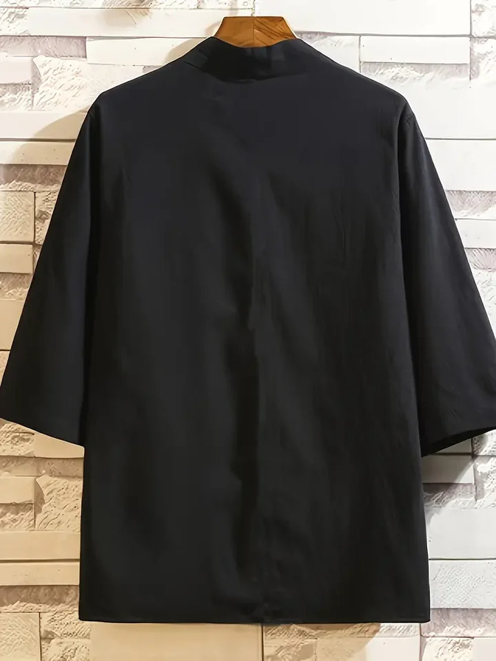 Mens Lightweight Kimono Shirt Seven Sleeve Open Front Cardigan Japanese Style Yukata Bathrobe Samurai Clothing 250217