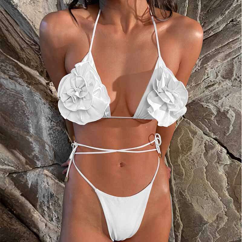 2025 New Fashionable Solid Color Personalized Sexy Bareback Tie Rope Split Women's Three Dimensional Flower Bikini Swimsuit Bikinis New Product N