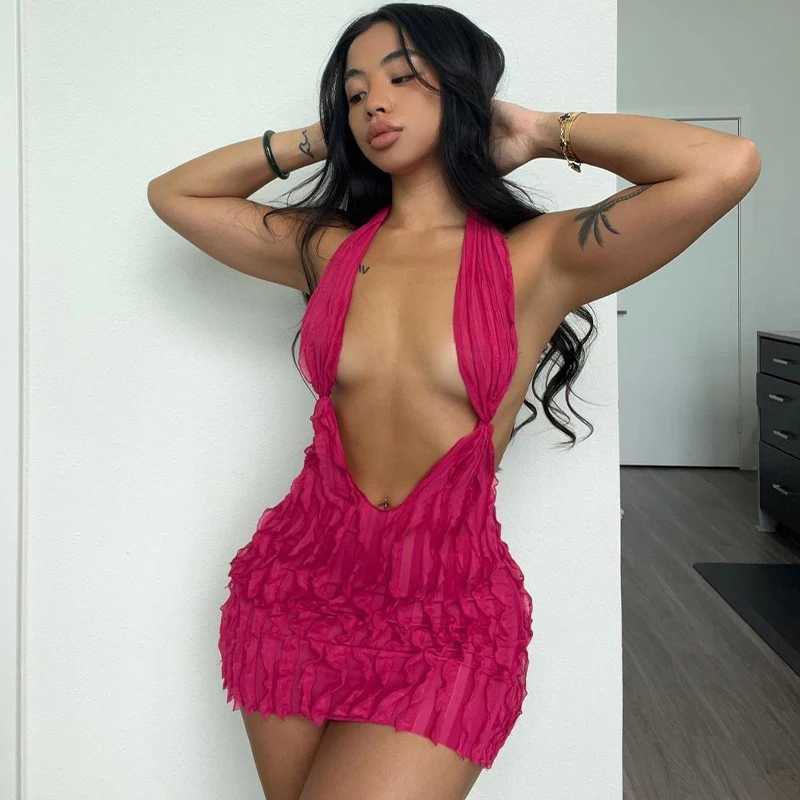 Basic Casual Dresses Lygens Mesh Halter Dp V Backless Ruffles Beachwear WomenS Dresses Y2K Party Casual Dresses Vacation Clothes Women Wholesale H2521