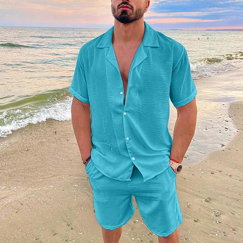 Mens Summer Casual Loose Two Piece Sets Beach Solid Cotton Linen Man Suit Short Sleeve Button Shirt And Shorts Office Outfits 250217