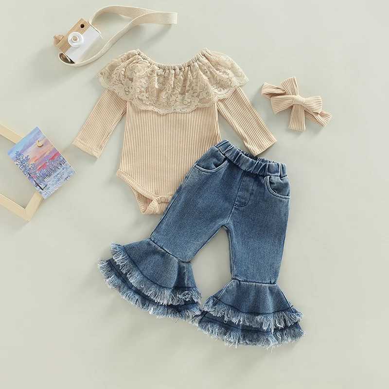 2022-10-28 Lioraitiin 0-24M childrens girls 2PCS pants set long sleeved round neck lace jumpsuit top denim bell bottom headband W250218