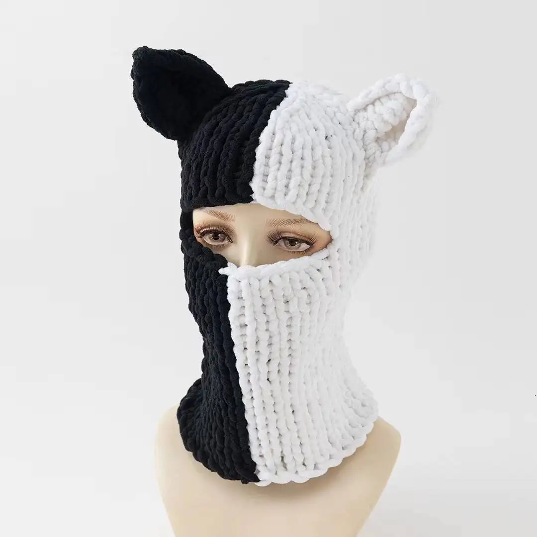 Y2K Long Rabbit Ear Funny Balaclava Hat Winter Thicken Warm Hand Made knitted Beanie Halloween Party Ski Mask Skullies Cap 250218