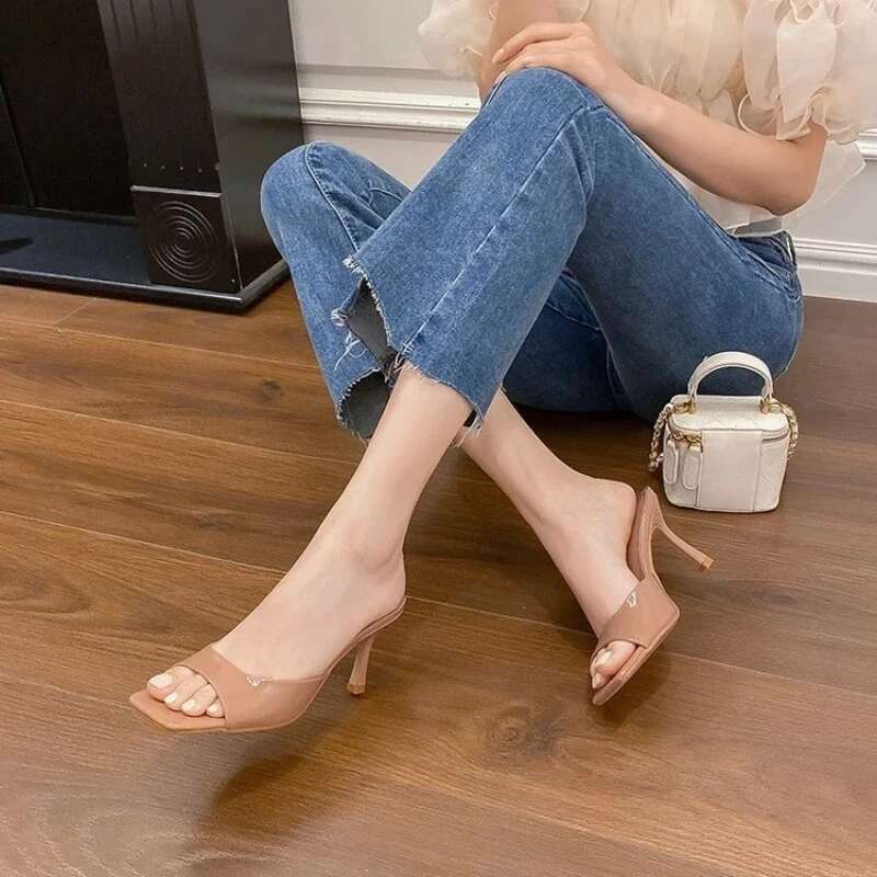 Summer New Women Trend Sexy Large Size Square Toe Thin Heels Shoes Ladies Casual Slippers Heel atos