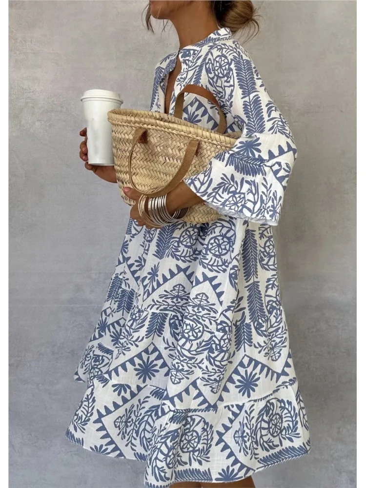 Style Casual Print Three-quarter Sleeve Shirt Dress For Women Summer Fashion V Neck Loose Holiday Casual Dresses Robe Femme 250213