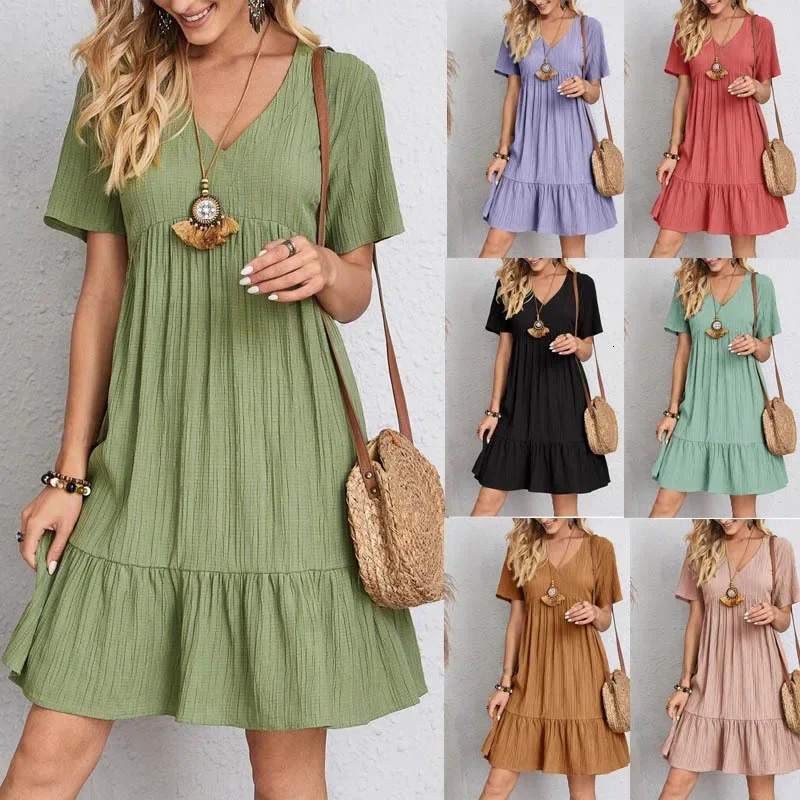 2024 Summer European and American Plus Size Womens Skirts Loose Casual Short Sleeve Belted Elegant Large Dress 250214