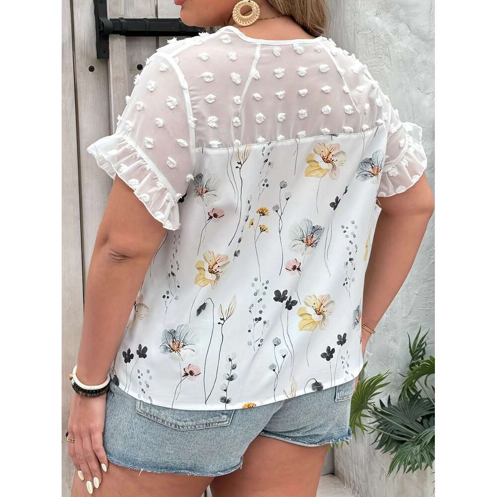 Ral Print Swiss Dot Blouseelegant Patchwork V Neck Short Sleeve Blouse For Spring Summer Women's Plus Size Clo