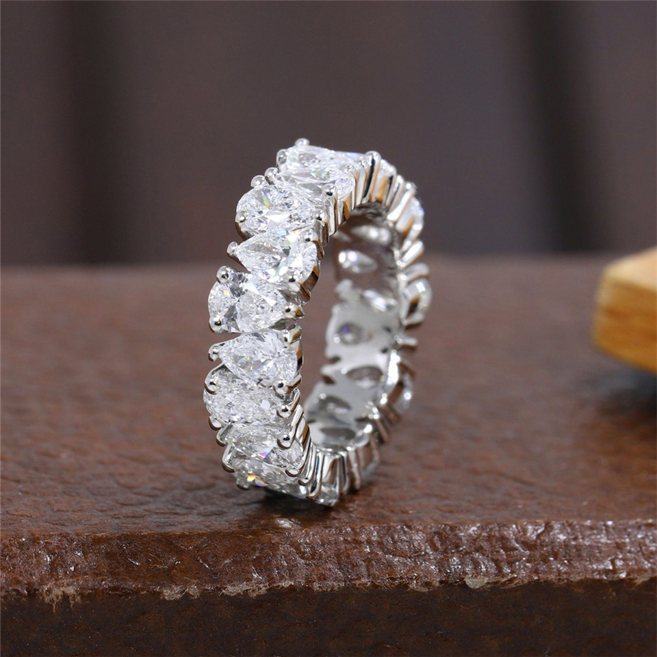 Jewelry 18K Real White Gold Pear Cut 5.0*3.5mm Lab Diamond Full Set Eternity Ring For Women Wedding Band CVD HPHT Gold Anniversary Gift Ring Band