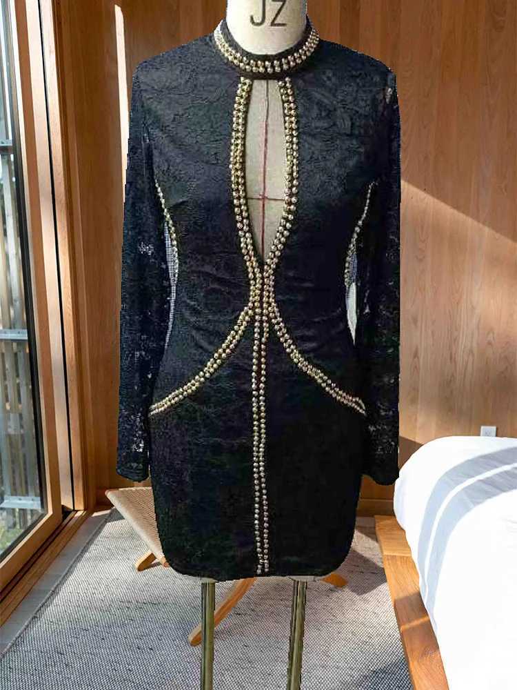 Basic Casual Dresses Rhinestone Decor Contrast Mesh Long Slve Lace Dress Women Sexy Bodycon Party Dress H25217