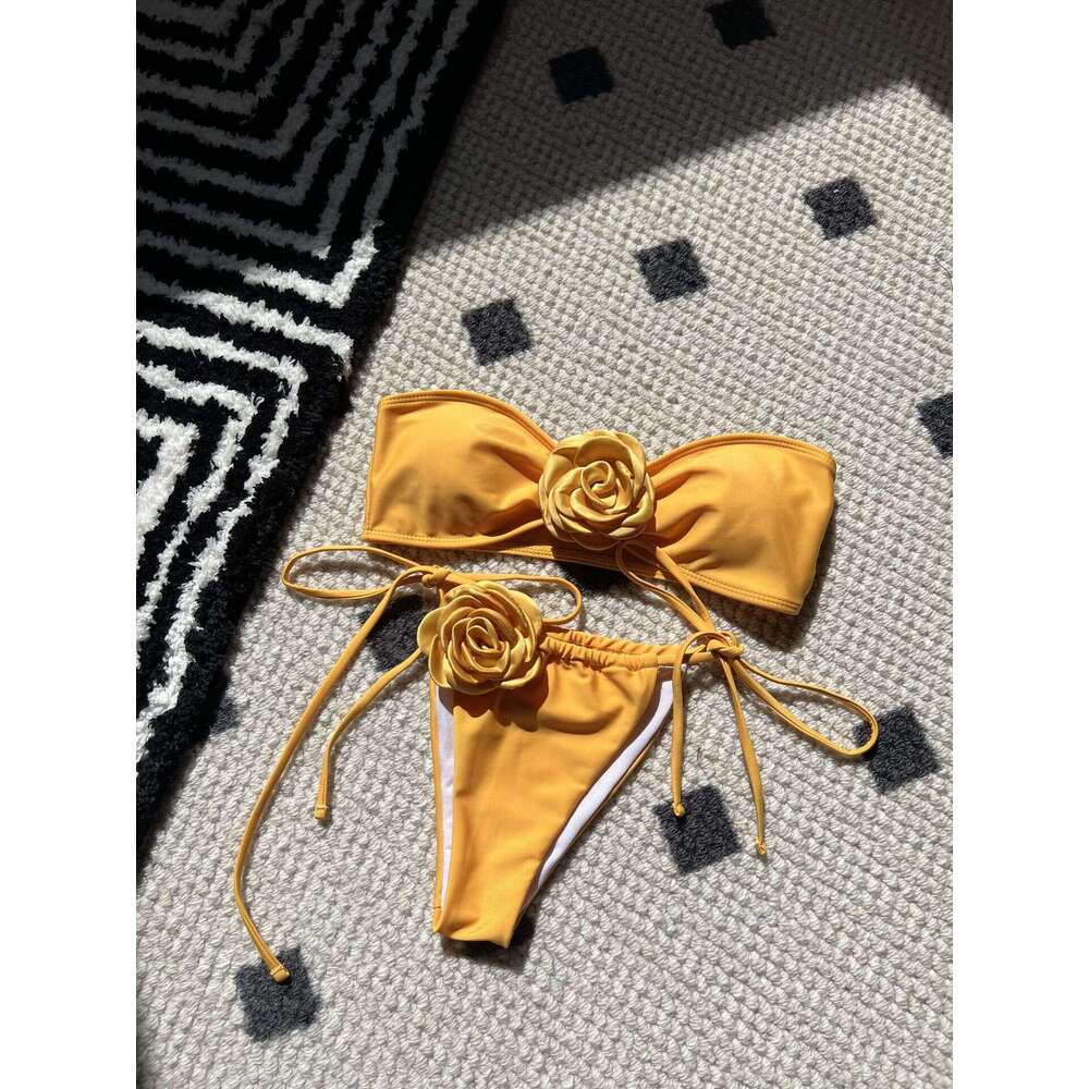 2025 New Solid Rose Bra with Drawstring Strap Split Swimsuit Bikini 9150 Womens Swimwear Triangle Bikini Thong Swimwear Holiday New Arrival New Produc