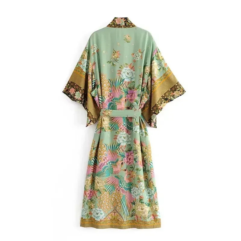 Boho Queen Peacock Floral Print Bat Sleeve Beach Bohemian Kimono Ladies V Neck Summer Happie Robe Bikini Coverups 250212