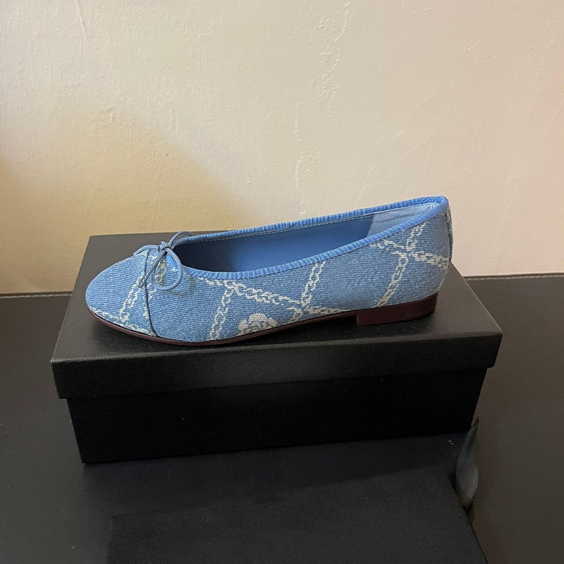 Ballet Flats Denim Blue Designer Ballet Chaussures Slingbacks Sandale Bow Flat Shoe Lady Cuir Pumps Casual Street Party Office Shoes 488