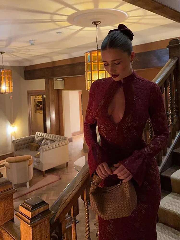 Lace Bodycon Midi Dress For Women Sexy Hip Package Hollow Out Evening Dresses Female Party Chic Lady Long Sleeve Vestidos