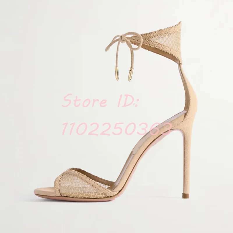 Solid Mesh Ankle Ties Stiletto Suede Round Toe Metal Decor Lace-up Thin Cover Heels Sandals 2024 Lady Elegant Shoes