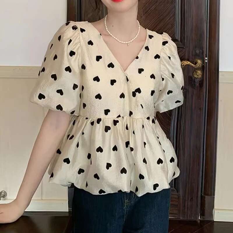 Women Clothing Sweet V Neck ral Shirt Tops Summer New Short Sleeve Print Pleated Loose Temperament T Shirts Fashion Vintage