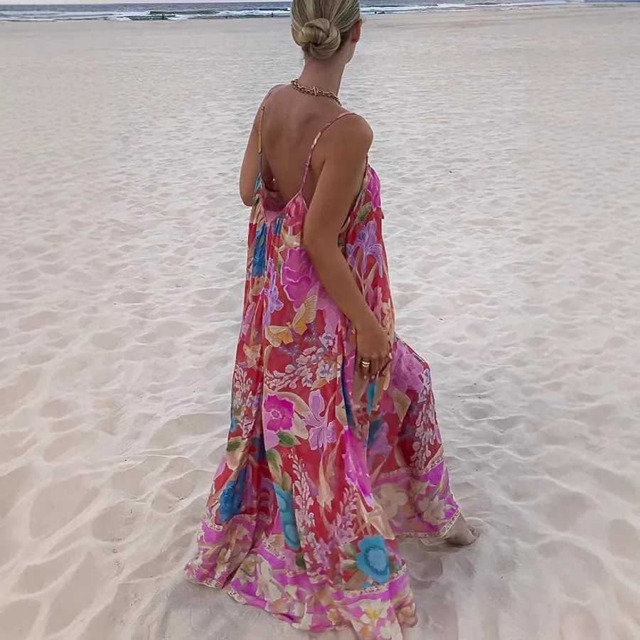 Basic Casual Dresses Ladies Slveless Backless Summer Casual Womens Dresses Flower Printed V Neck Slip Long Dress 2025 Holiday Beach Loose Vestidos H25